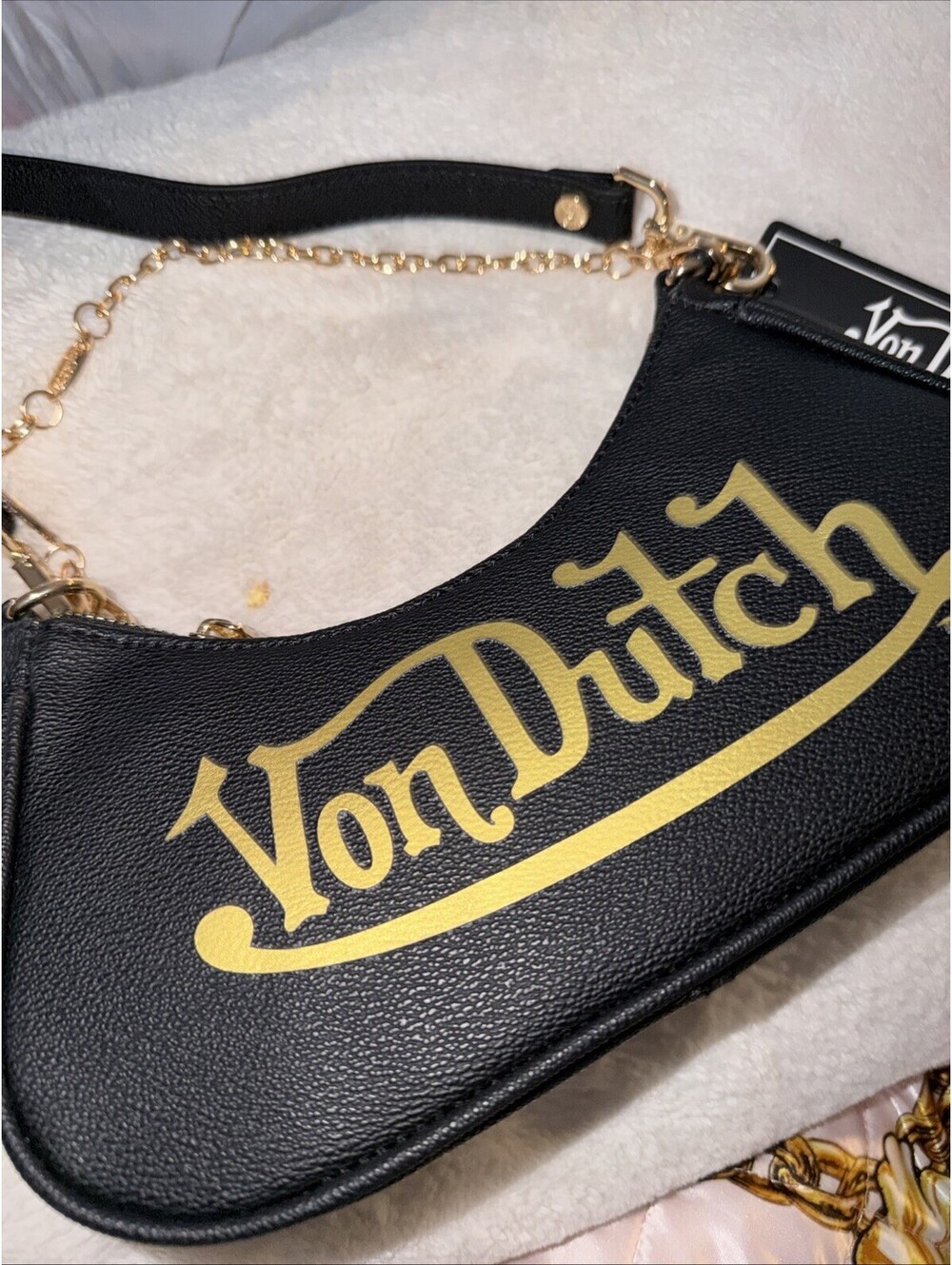 Von Dutch Black & Gold Shoulder Bag With Detachable Charm/Strap
